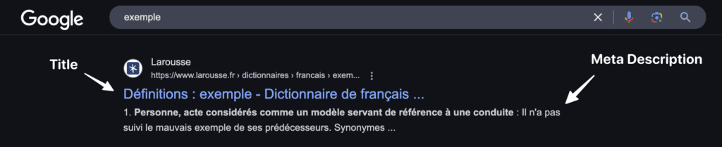 Exemple d'une balise title et d'une meta description dans les résultats de recherche Google