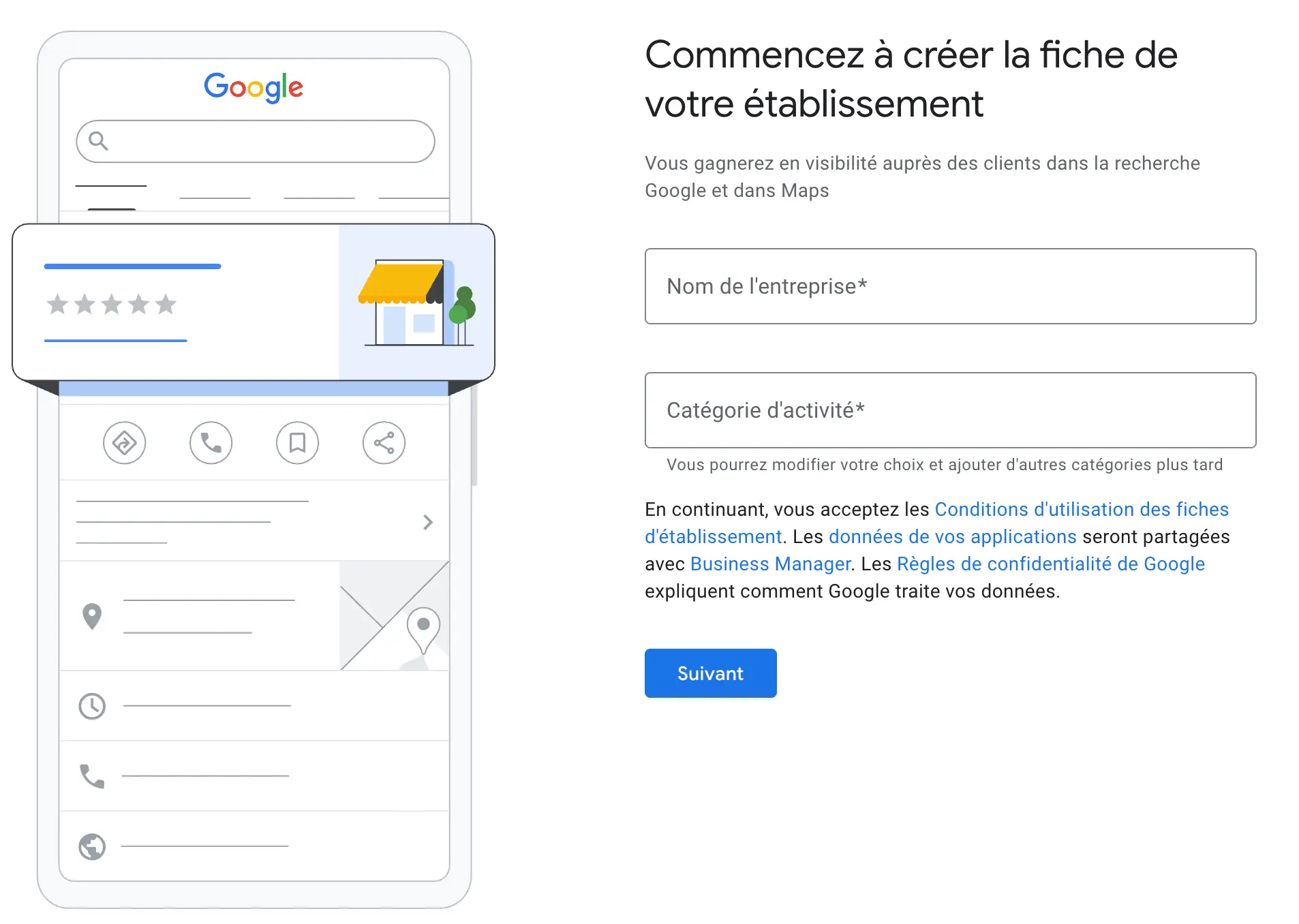 Interface de création d'une fiche d'établissement Google avec les champs nom de l'entreprise et catégorie d'activité