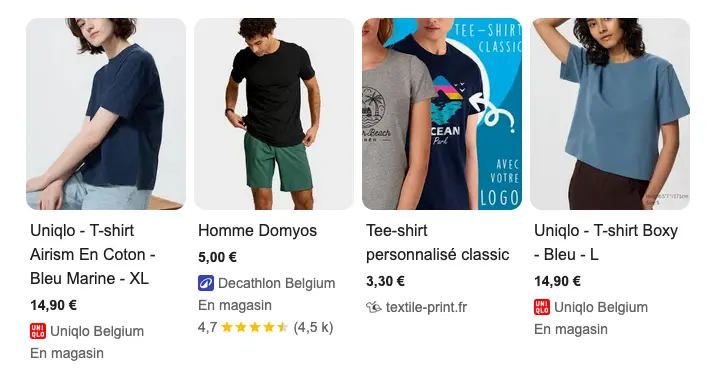Exemple de résultat enrichi Google avec prix, disponibilité et étoiles d'avis issus des données structurées Product d'une fiche produit de vêtement