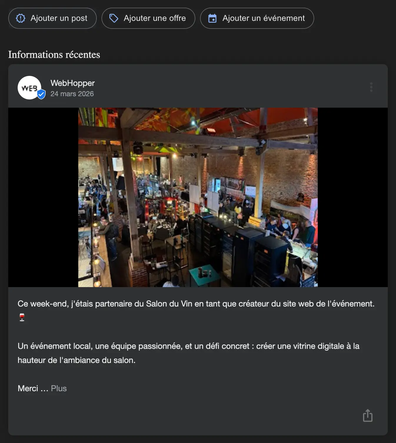 Exemple de Google Post publié sur la fiche Google Business Profile de WebHopper