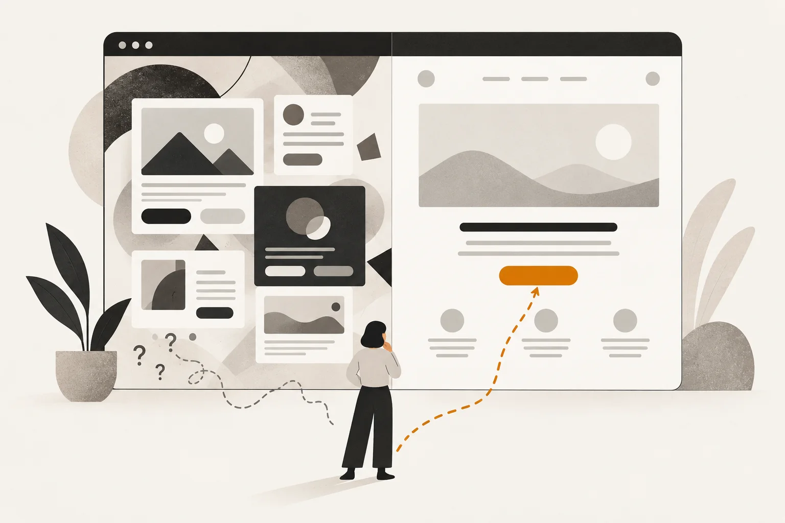 Comparaison entre une interface confuse et une interface claire qui guide vers un appel à l’action